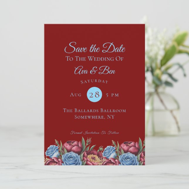 Burgundy Peony and Blue Rose Save the Date Invitation (Standing Front)