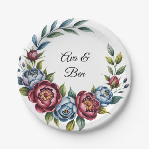 Burgundy Peony and Blue Rose Wedding Paper Plate