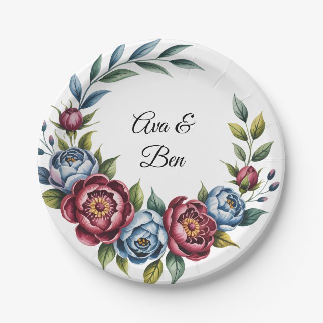 Burgundy Peony and Blue Rose Wedding Paper Plate (Front)