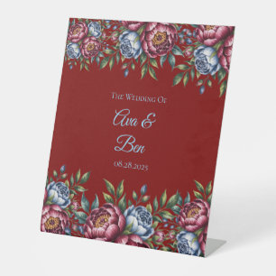 Burgundy Peony and Blue Rose Wedding Pedestal Sign