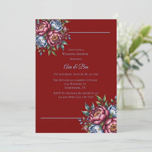 Burgundy Peony and Blue Rose Wedding Shower Invitation (Standing Front)