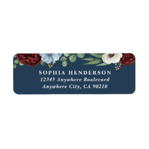 Burgundy Peony Dusty Blue Anemones Floral Wedding Return Address Label