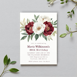 Burgundy Peony Floral 80th Birthday Invitation