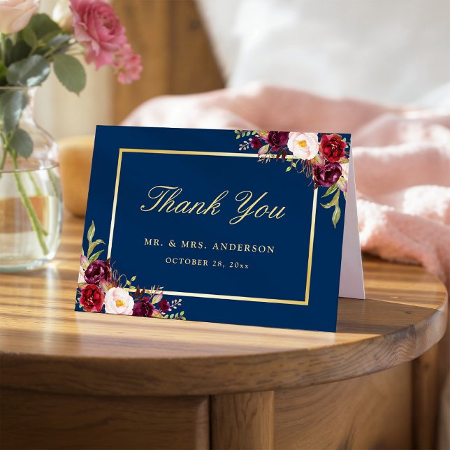 Burgundy Peony Floral Gold Navy Blue Thank You Card (Creator Uploaded)