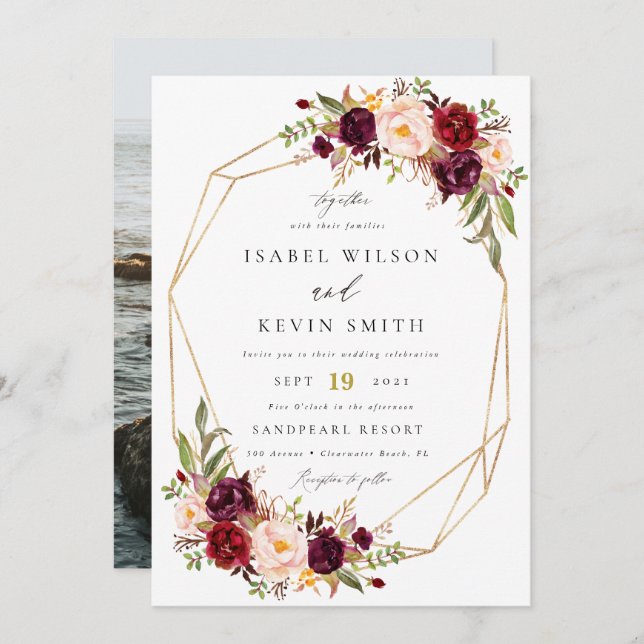 Burgundy Peony Flowers Geometric frame wedding Invitation (Front/Back)