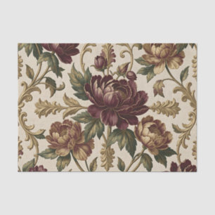 Burgundy Peony Golden Baroque Damask Pattern Tissue Paper