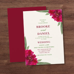 Burgundy Peony Narrow Leaf Wedding Invitation