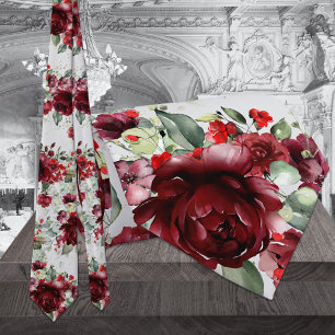 Burgundy Peony Silver Greenery Light Grey Wedding Tie