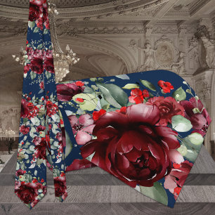 Burgundy Peony Silver Greenery Navy Blue Wedding Tie