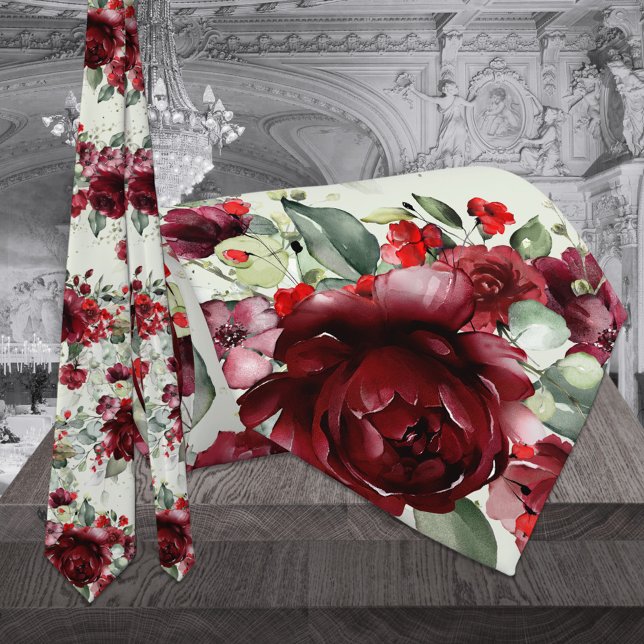 Burgundy Peony Silver Greenery Sage Green Wedding Tie (Creator Uploaded)