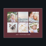 Burgundy Personalised 6 photos Universal Greetings Postcard<br><div class="desc">Personalised warm burgundy red 6 family photos Universal Greetings Postcards featuring a stylish photo collage with 6 customised images, your greetings message in elegant handwritten script font, your name, date, year, message on the back in a modern and simple sans serif font. This personalised unversal greeting card is perfect for...</div>