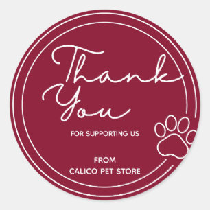 Burgundy Personalised Cute Paw Pet Store Business Classic Round Sticker