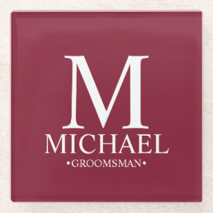 Burgundy Personalised Monogram and Name Groomsman Glass Coaster