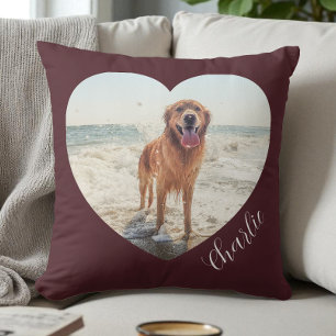 Burgundy Pet Heart Photo Script Personalised Dog Cushion