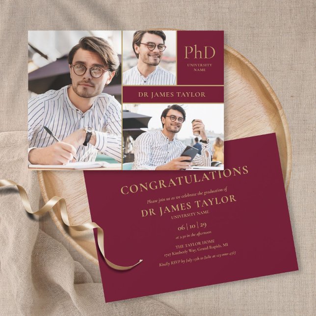 Burgundy PhD Degree 3 Photo Graduation Party Invitation (Creator Uploaded)