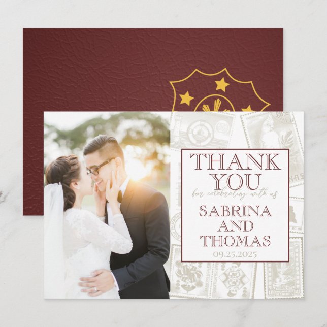 Burgundy Philippines Wedding Photo Thank You Card (Front/Back)