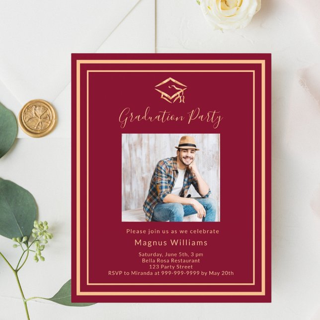 Burgundy photo cap Graduation Party invitation (Creator Uploaded)