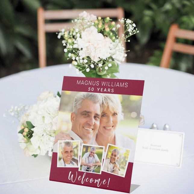 Burgundy photo collage birthday party welcome pedestal sign (Creator Uploaded)