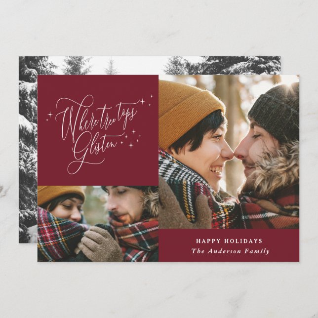 Burgundy photo collage elegant script Christmas Holiday Card (Front/Back)