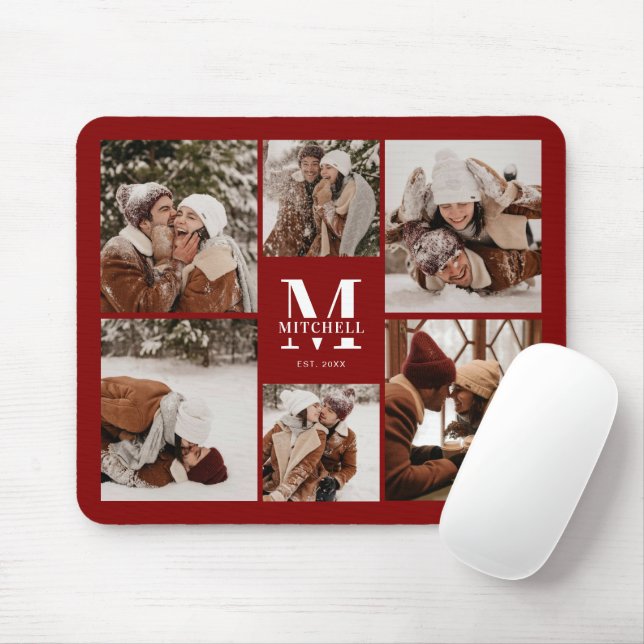 Burgundy Photo Collage Personalised Monogram Gift Mouse Pad (With Mouse)