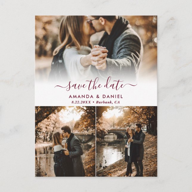 Burgundy Photo Collage Wedding Save The Date Announcement Postcard (Front)