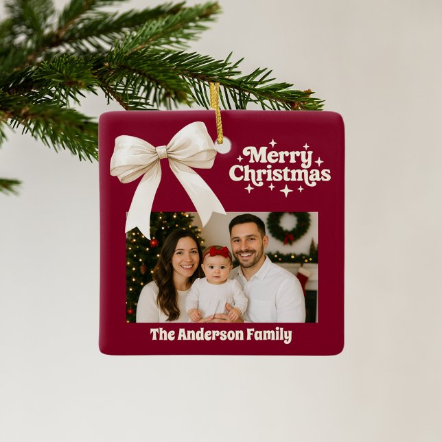 Burgundy photo cream bow Christmas Ceramic Ornament (Creator Uploaded)
