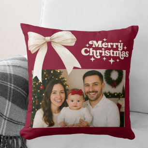 Burgundy photo cream bow Christmas Cushion