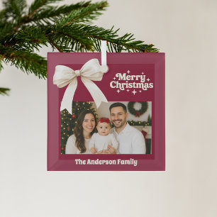 Burgundy photo cream bow Christmas Glass Tree Decoration