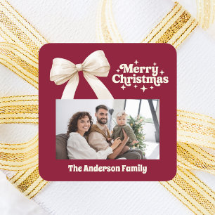 Burgundy photo cream bow retro Christmas Square Sticker