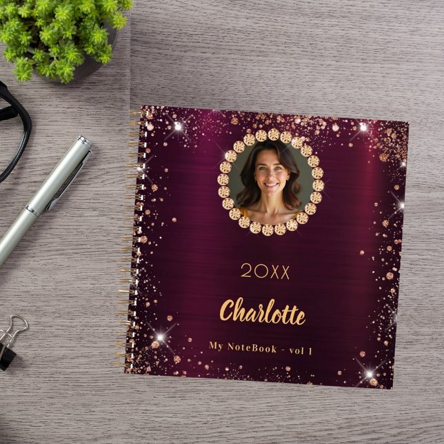 Burgundy photo diamonds rose gold glitter notebook (Creator Uploaded)