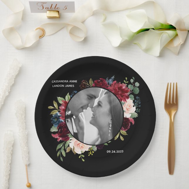 Burgundy Photo Floral Elegant Wedding Paper Plate (Wedding)
