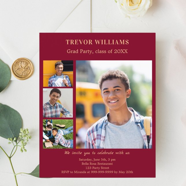 Burgundy photo Graduation Party invitation (Creator Uploaded)