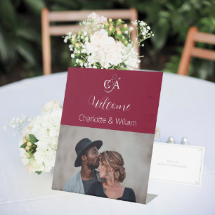Burgundy photo monogram wedding welcome sign