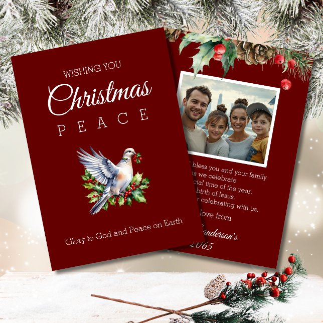 Burgundy Photo Peace Dove Christian Christmas Holiday Card (Creator Uploaded)