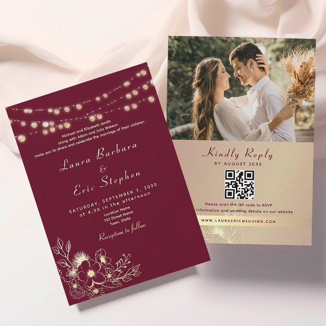 Burgundy Photo QR Code Wedding Invitation (Creator Uploaded)