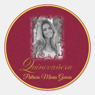 Burgundy photo quinceañera floral vines classic round sticker