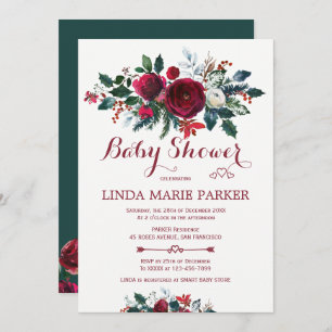 Burgundy pine green floral winter baby shower invitation