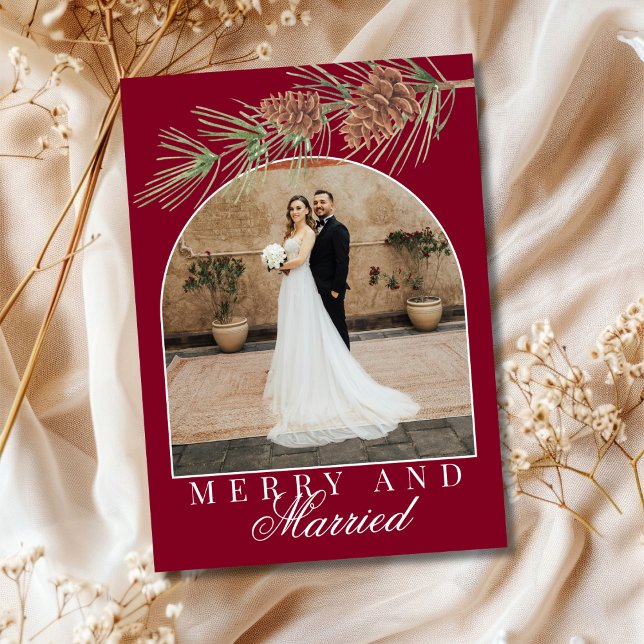 Burgundy Pine Merry & Married Photo Christmas Holiday Card (Creator Uploaded)