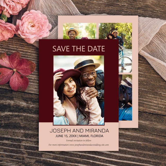 Burgundy Pink 4 Photo Wedding Save Date Save Date Save The Date (Burgundy and pink 4-photo (front and back) wedding Save the Date flat card)