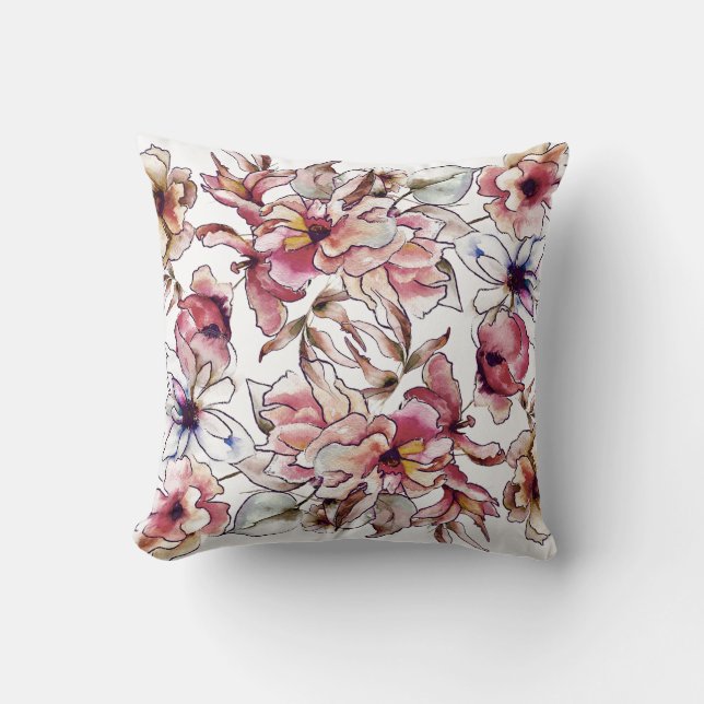 Burgundy Pink and Blue Floral Garland Watercolor Cushion (Front)