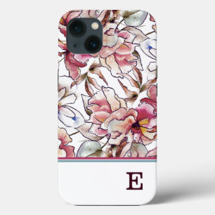 Burgundy Pink and Blue Floral Monogram Watercolor iPhone 13 Case