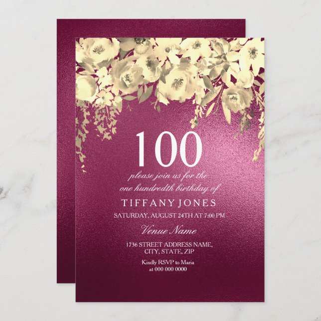 Burgundy Pink and Gold Floral 100th Birthday Party Invitation (Front/Back)