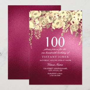 Burgundy Pink and Gold Floral 100th Birthday Party Invitation