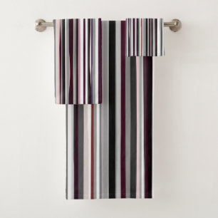 Burgundy, pink and Grey Abstract Stripes Bath Towel Set