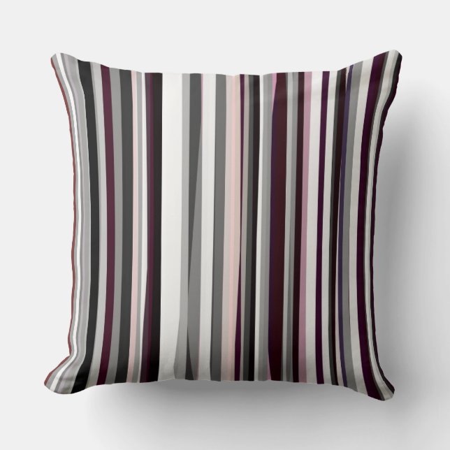 Burgundy, pink and Grey Abstract Stripes Cushion (Front)