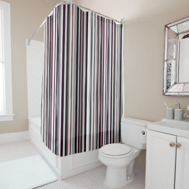 Burgundy, pink and Grey Abstract Stripes Shower Curtain (In Situ)