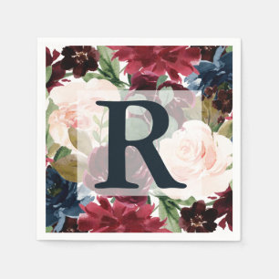 Burgundy, Pink and Navy Floral Wedding Monogram Napkin