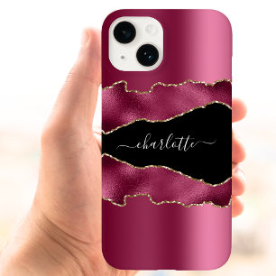 Burgundy pink black agate marble name script iPhone 14 case