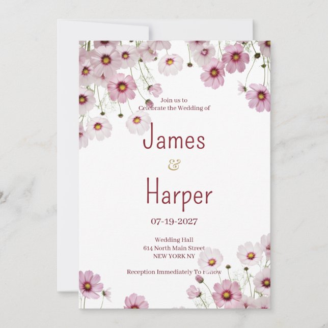 Burgundy pink blossom cosmos flower Wedding Invitation (Front)