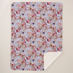 Burgundy Pink Blue Floral Garland Watercolor Sherpa Blanket